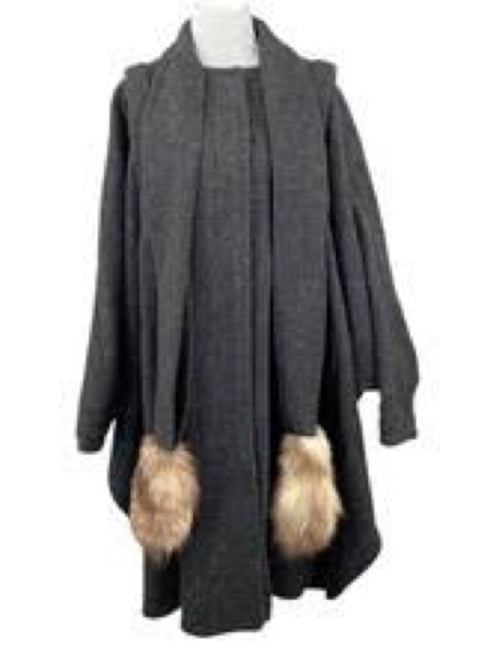 Neiman Marcus Dark Gray Open-Front Cape with Faux Fur Pom-Poms